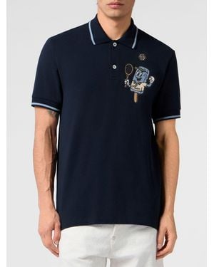 Philipp Plein Cotton Piqué Polo Shirt With Hexagon Logo Patch - Blue