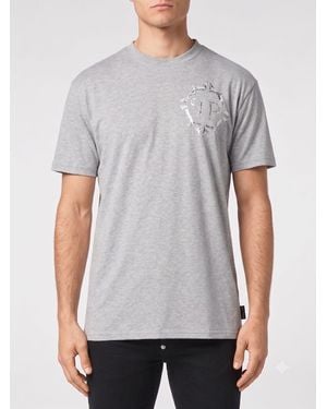 Philipp Plein Cotton T-Shirt With Monogram Print And Hexagon Logo - Grey