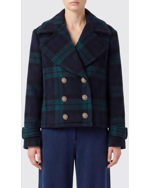 Liu Jo Tartan Double-Breasted Wool-Blend Peacoat - Blue