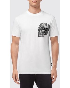 Philipp Plein Slim Fit Cotton T-Shirt With Monogram Skull Embroidery And Hexagon Logo - White