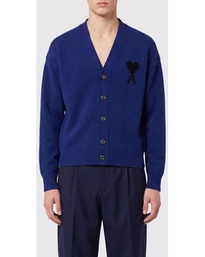 Ami Paris V-Neck Pure Wool Cardigan With Contrast Logo - Blue