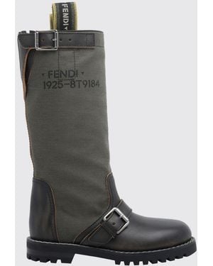 Fendi Botas De Motorista Commando De Piel Y Lona Con Logo Y Suela Dentada - Negro
