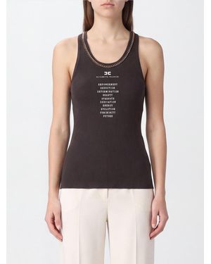 Elisabetta Franchi Silk Blend Slim Fit Top With Logo Print And Metallic Mesh - Black