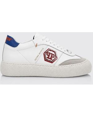 Philipp Plein Retro Hustle Monogram Leather Low-Top Sneakers With Platform Sole - White