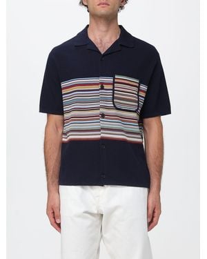Paul Smith Striped Cotton Short-Sleeve Cardigan With Cuban Collar - Blue