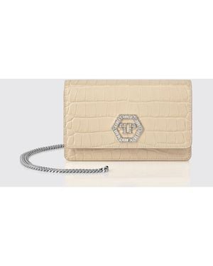 Philipp Plein Crocodile Print Leather Clutch With Rhinestone Hexagon - Natural