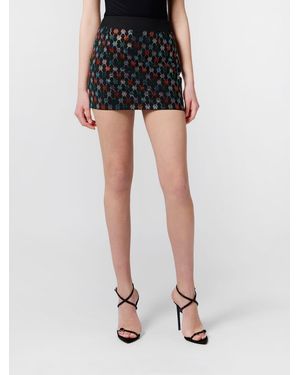 Philipp Plein Wool Pencil Mini Skirt With Rhinestone Hexagon Logo - Black