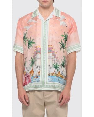 CASABLANCA Short-Sleeved Graphic Print Silk Shirt With Cuban Collar - Pink