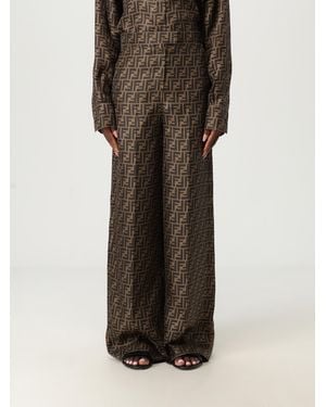 Fendi Silk Trousers With Monogram Motif - Brown