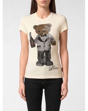 Philipp Plein Slim Fit Teddy Bear Print Cotton T-Shirt With Rhinestones - Natural