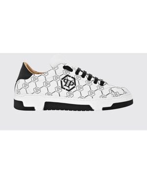 Philipp Plein Low-Top Leather Trainers With Rhinestone Hexagon Logo - White