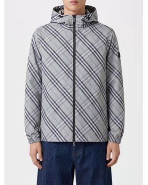 Burberry Hooded Technical Fabric Windbreaker Jacket With Check Pattern - Grey