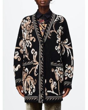 Etro Cárdigan De Lana Jacquard Con Cuello De Pico Y Bolsillos De Parche - Negro