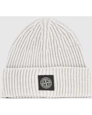 Stone Island Ribbed Rws Virgin Wool Beanie Hat With Compass Logo Patch - White