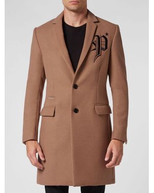 Philipp Plein Knee-Length Single-Breasted Viscose Coat With Embroidered Logo - Brown
