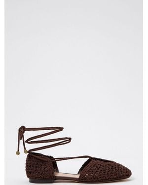 Twinset Crochet Polyester Ballet Flats With Ankle-Tie Ribbons - White