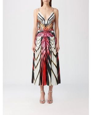 Roberto Cavalli V-Neck Abstract Print Stretch Cotton A-Line Midi Dress - White