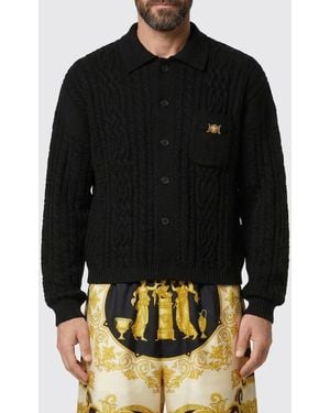 Versace Braided Virgin Wool Polo Cardigan - Black