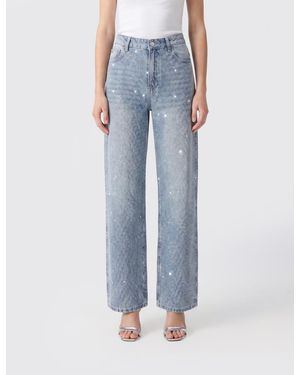 Twentyfourhaitch Wide Leg Denim Jeans With Rhinestones - Blue