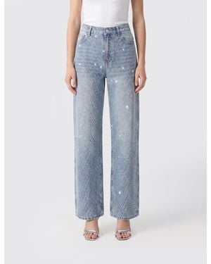Twentyfourhaitch Wide Leg Denim Jeans With Rhinestones - Blue