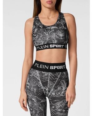 Philipp Plein Cropped Tropical Print Jersey Sports Top With Criss-Cross Straps - Gray