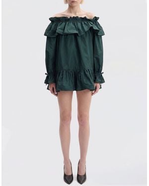 Saint Laurent A-Linien-Minikleid Aus Bestickter Baumwollpopeline Mit Rüschen - Grün