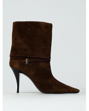 Saint Laurent Niki Suede Ankle Boots With Stiletto Heel And Logo - Brown