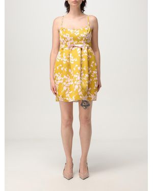 Elisabetta Franchi Floral Print Sleeveless Dress With Bow Detail Spaghetti Straps And Square Neck - Yellow