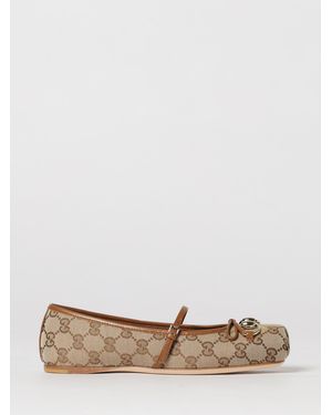 Gucci Gg Fabric And Leather Ballerinas - Natural