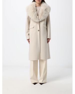 Hanita Single-Breasted Long Wool Blend Coat With Fur Collar - Natural