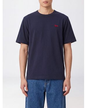 Maison Kitsuné Maison KitsunÉ Crewneck Cotton T-Shirt With Contrast Chest Logo - Blue