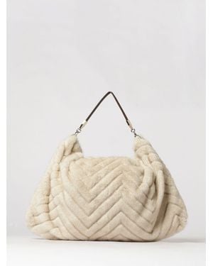 Liu Jo Large Chevron Faux Fur Tote Bag With Logo Charm - Natural