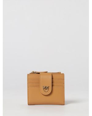 Pinko Small Smooth Leather Wallet With Metallic Love Birds Logo - Natural