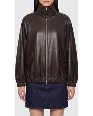 Brunello Cucinelli Relaxed Fit Lambskin Leather Bomber Jacket With High Neck - Black