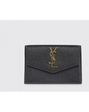 Saint Laurent Uptown Grain De Poudre Leather Card Holder With Ysl Monogram - Grey