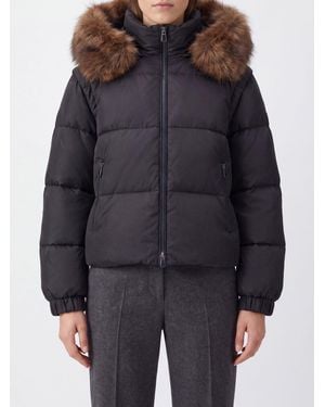 Pinko Godetia Nylon Puffer Jacket With Hood, Fur Collar, And Removable Sleeves - Black