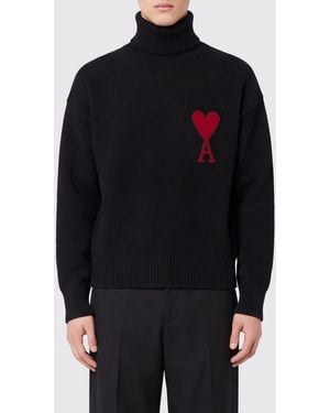 Ami Paris Jacquard Logo Wool Turtleneck Jumper With Dropped Shoulders - Blue