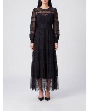 Twinset Georgette And Lace Midi Dress With Long Sleeves And Crew Neck - Black