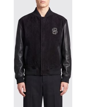 BOSS Faux Leather Varsity Bomber Jacket With Tone-On-Tone Logo - Black