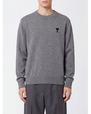 Ami Paris Wool Crewneck Sweater With Embroidered Ami De Cœur Logo - Gray