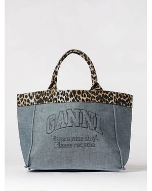 Ganni Cotton Denim Tote Bag With Animal Print Trims - Grey