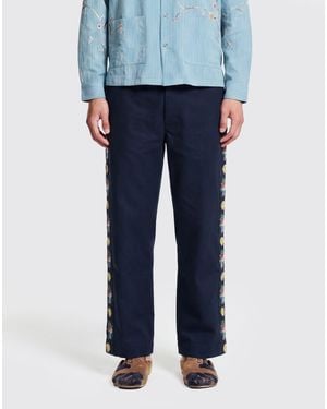 BAZISZT Pantalon Ample En Coton Avec Broderies Et Passants De Ceinture - Bleu