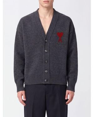 Ami Paris V-Neck Wool Cardigan With Contrast Logo - Blue