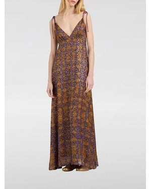 Momoní MomonÌ Abstract Print Long Viscose Dress With Tie-Up Shoulder Straps - Brown