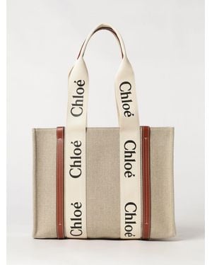 Chloé Chlo&Eacute Mittelgroße Woody Tote-Tasche Von Aus Leinen Mit Doppelten Griffen Und Bedrucktem Logo - Natur