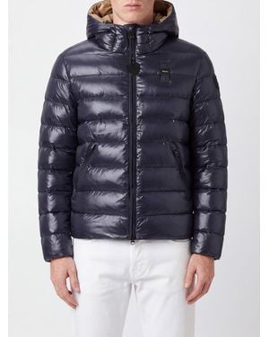 Blauer Wasserabweisende Stepp-Daunenjacke Aus Nylon Mit Kapuze Und Stehkragen - Blau