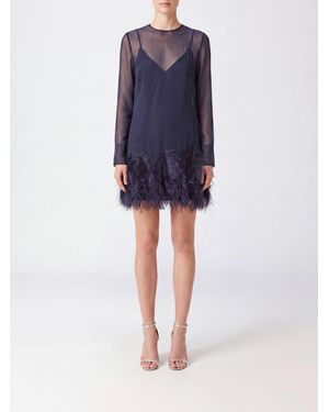 Semicouture Long-Sleeved Chiffon Mini Sheath Dress With Feathers - Blue