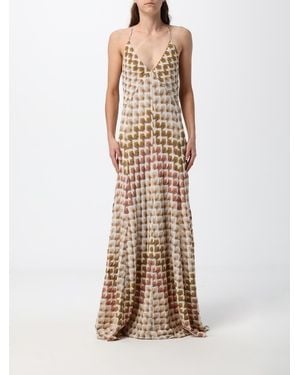Missoni Long Geometric Lurex Evening Gown With V-Neck - Natural