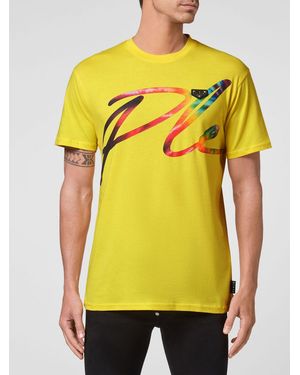 Philipp Plein Short-Sleeved Jersey T-Shirt With Contrast Logo Print - Yellow