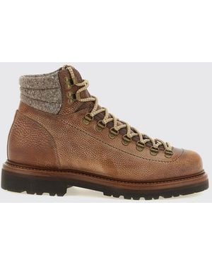 Brunello Cucinelli Grained Leather Lace-Up Ankle Boots With Lug Sole - Brown